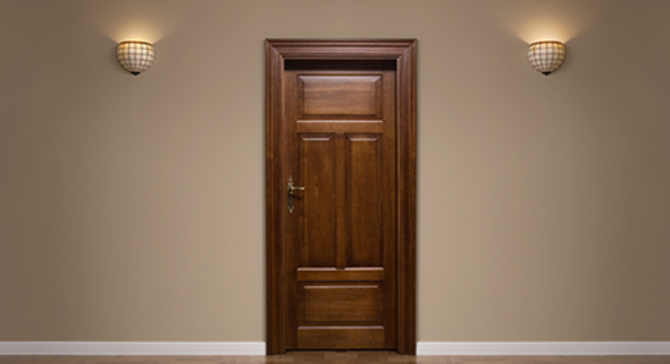 Door finished with glossy wood coating